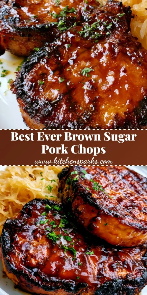 A close-up of two thick-cut Brown Sugar Grilled Pork Chops with dark grill marks and amber glaze on a white plate.