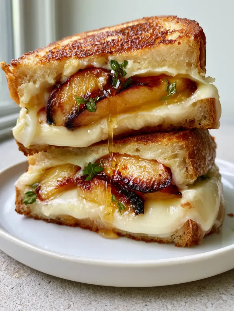 A smartphone photo of a Peach and Brie Grilled Cheese on a light grey stone surface with fresh green thyme sprigs visible.