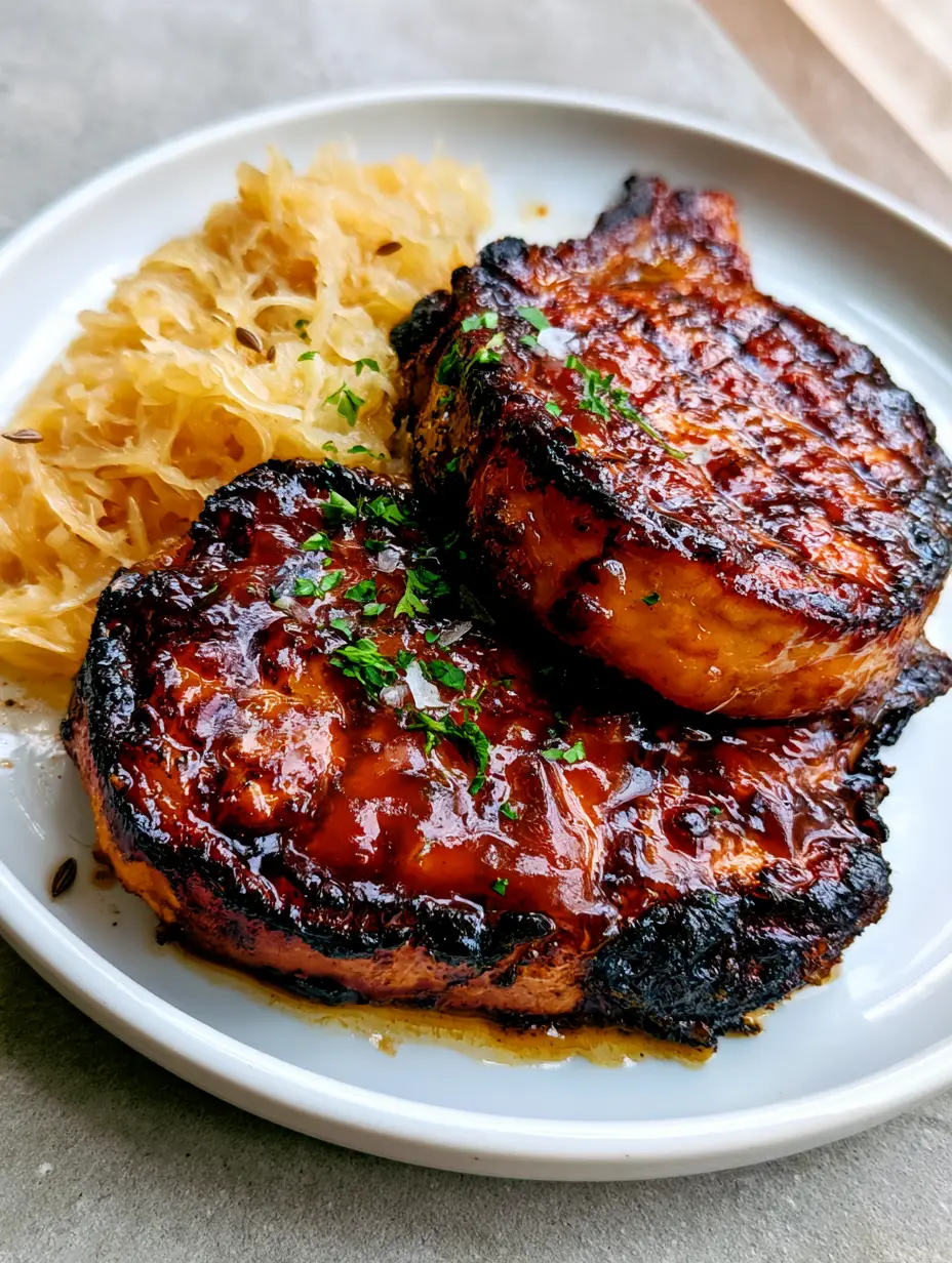 Smartphone photo of Brown Sugar Grilled Pork Chops with deep caramelized grill marks and pale yellow sauerkraut.