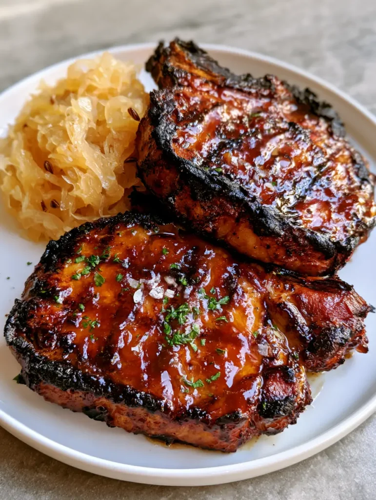 Close up of the amber brown sugar glaze and crispy charred edges of the pork chops.