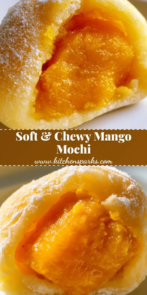 A halved Mango Mochi on a white plate showing the succulent orange mango center and elastic pale yellow skin.