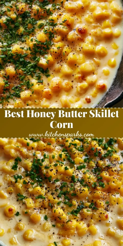 A top-down view of Honey Butter Skillet Corn in a black cast iron pan featuring vibrant yellow kernels in a pale cream sauce with chives.