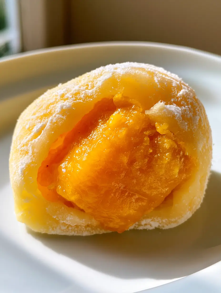 Smartphone photo of a Mango Mochi sliced in half to reveal a large, vibrant, juicy cube of fresh orange mango.