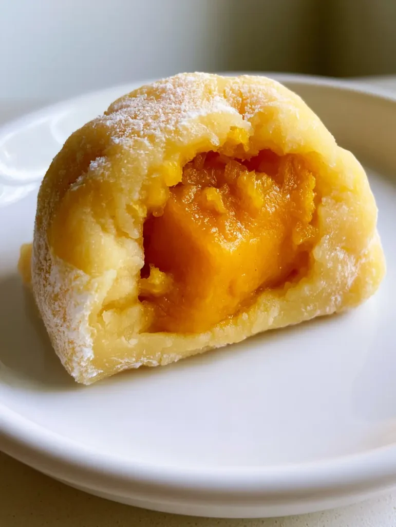 Close-up of a pale yellow Mango Mochi ball dusted with white cornstarch on a neutral background.