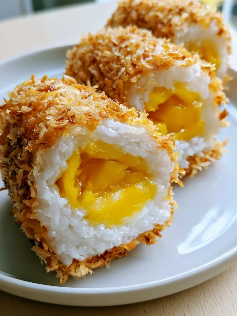 Precisely cylindrical Mango Sticky Rice Rolls arranged on a minimalist white ceramic plate with a wooden background.