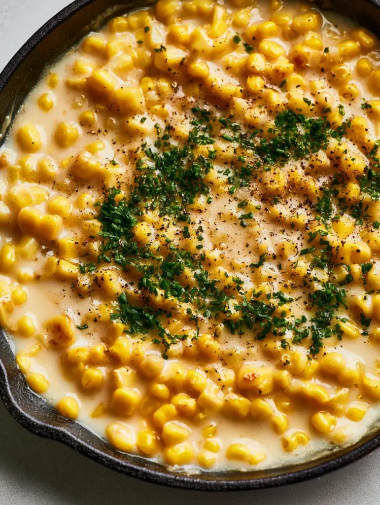 Rustic black skillet filled with vibrant yellow corn kernels and a dusting of cracked black pepper on a gray countertop.