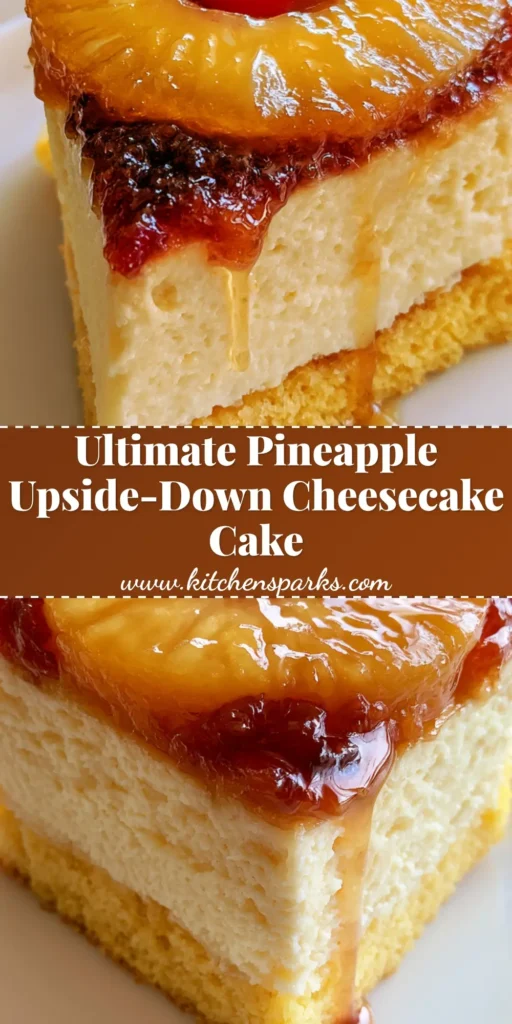 Pineapple Upside-Down Cheesecake Cake: The Ultimate Layered Tropical Showstopper 4 A tall slice of Pineapple Upside-Down Cheesecake Cake on a white plate, showing the moist golden-yellow cake bottom, creamy cheesecake middle, and caramelized pineapple top with a cherry.