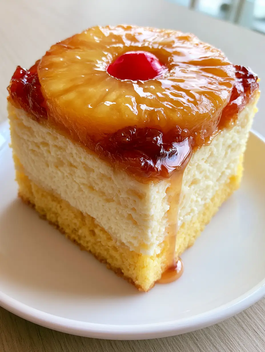 Pineapple Upside-Down Cheesecake Cake: The Ultimate Layered Tropical Showstopper 3 Close-up smartphone photo of a tall slice of Pineapple Upside-Down Cheesecake Cake featuring a sticky caramelized brown sugar glaze dripping down the side.