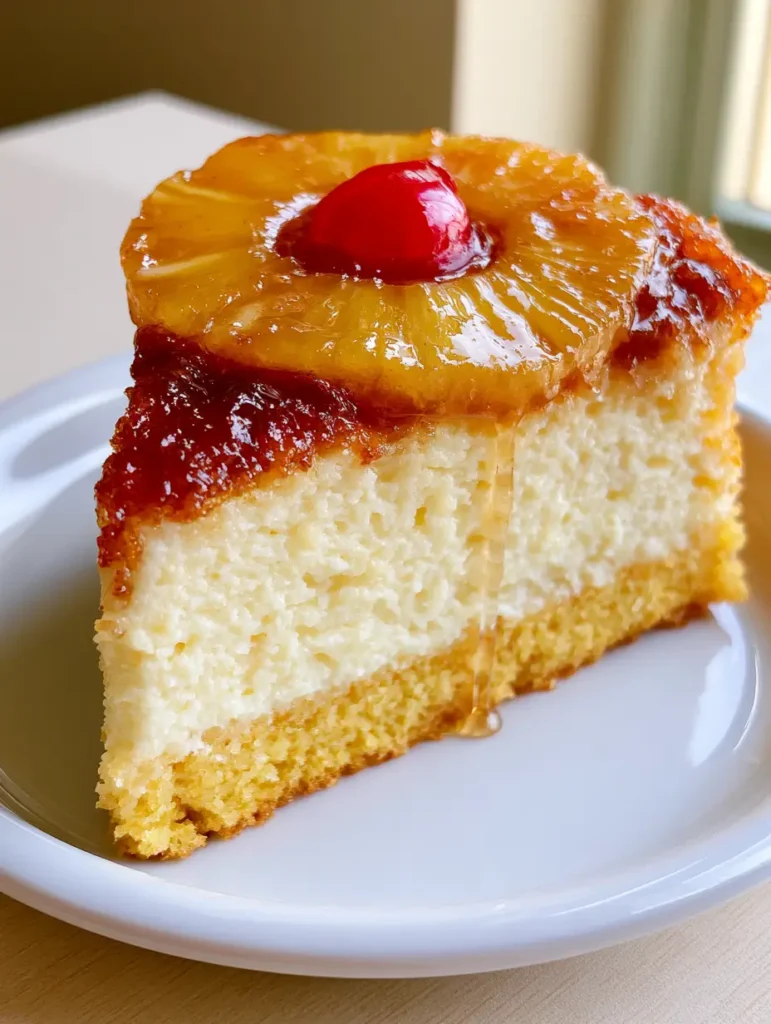 Pineapple Upside-Down Cheesecake Cake: The Ultimate Layered Tropical Showstopper 1 Detailed view of the perfectly circular pineapple ring and bright red maraschino cherry on top of the glossy brown sugar glaze of the cheesecake cake.