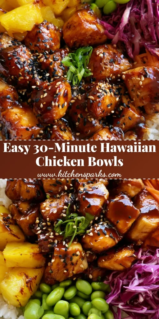 A top-down close-up of a white ceramic Hawaiian Chicken Bowl featuring glazed chicken, charred pineapple, edamame, and purple cabbage over jasmine rice.