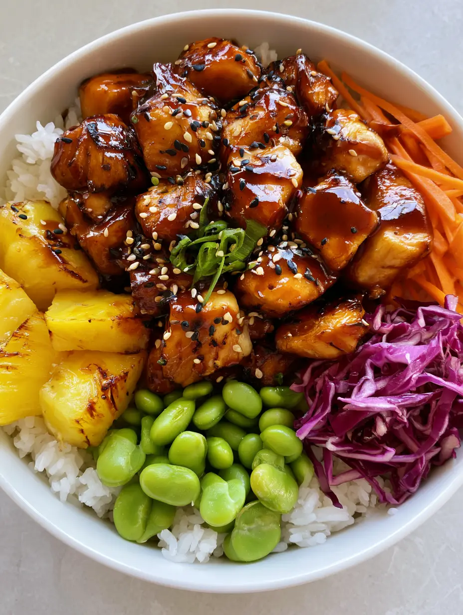 Top-down view of a professional Hawaiian Chicken Bowl with distinct sections of carrots, cabbage, and seared pineapple.