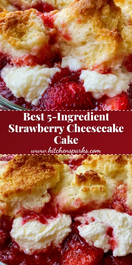 Strawberry Cheesecake Dump Cake With A Golden Buttery Crust 4 A close-up view of a Strawberry Cheesecake Dump Cake in a clear glass baking pan showing bubbling red strawberry sauce and golden-brown cake crumbles.