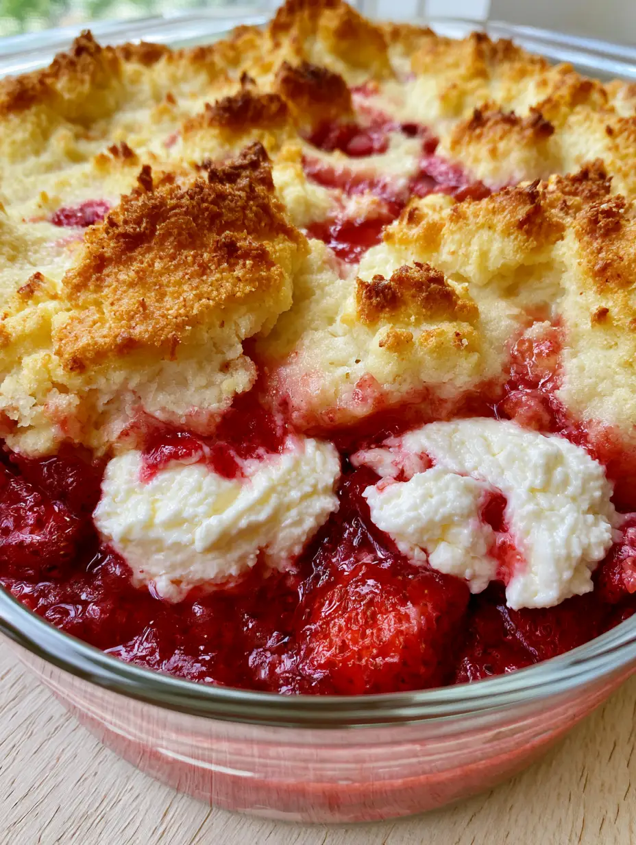 Strawberry Cheesecake Dump Cake With A Golden Buttery Crust 3 Detailed view of bubbling red strawberry sauce and toasted golden-brown cake mix peaks in a Strawberry Cheesecake Dump Cake.