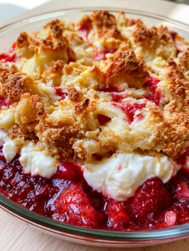 Strawberry Cheesecake Dump Cake With A Golden Buttery Crust 1 Top-down view of Strawberry Cheesecake Dump Cake showing dense cream cheese dollops and buttery moist crevices.