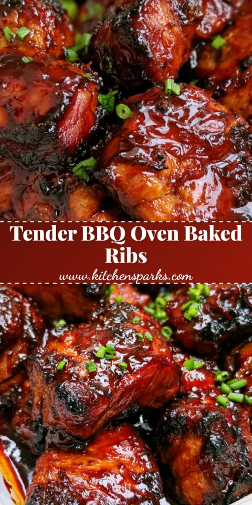 Oven-Baked Country Style Ribs with a Sticky Mahogany Glaze 4 Close-up of Oven-Baked Country Style Ribs in a white ceramic dish with a thick, glossy mahogany BBQ glaze and green onion garnish.