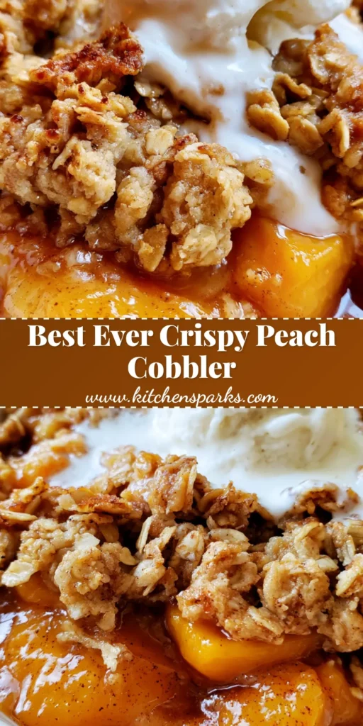A single serving of Peach Cobbler with Oatmeal Crumble in a white bowl with melting vanilla bean ice cream cascading over golden oats. (Peach Cobbler with Oatmeal Crumble)