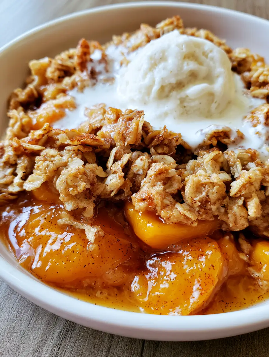 A handheld smartphone photo of Peach Cobbler with Oatmeal Crumble showing bubbling amber syrup and toasted oats. (Peach Cobbler with Oatmeal Crumble)
