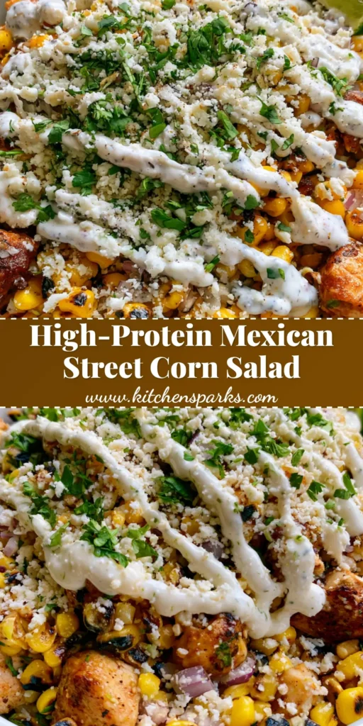 High-Protein Chicken Street Corn Salad: The Ultimate 20-Minute Healthy Power Bowl 4 A vibrant white bowl of High-Protein Chicken Street Corn Salad featuring charred corn, golden-brown chicken, and a creamy lime dressing zig-zag.