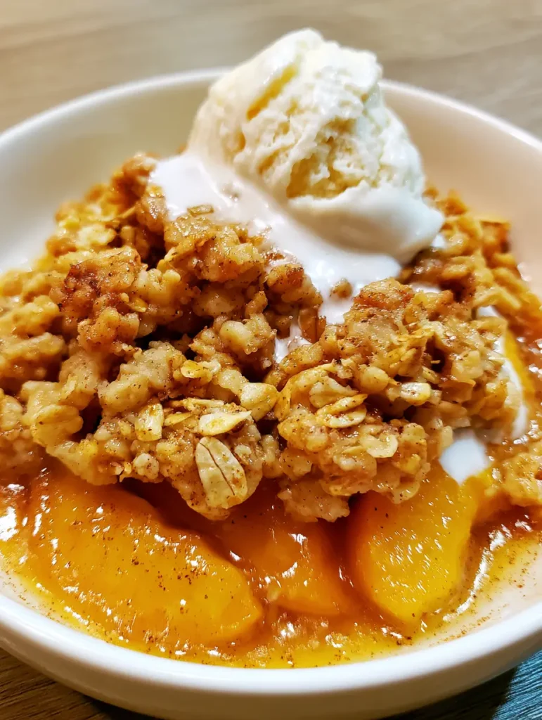 A close-up of melted vanilla bean ice cream cascading over a warm Peach Cobbler with Oatmeal Crumble.