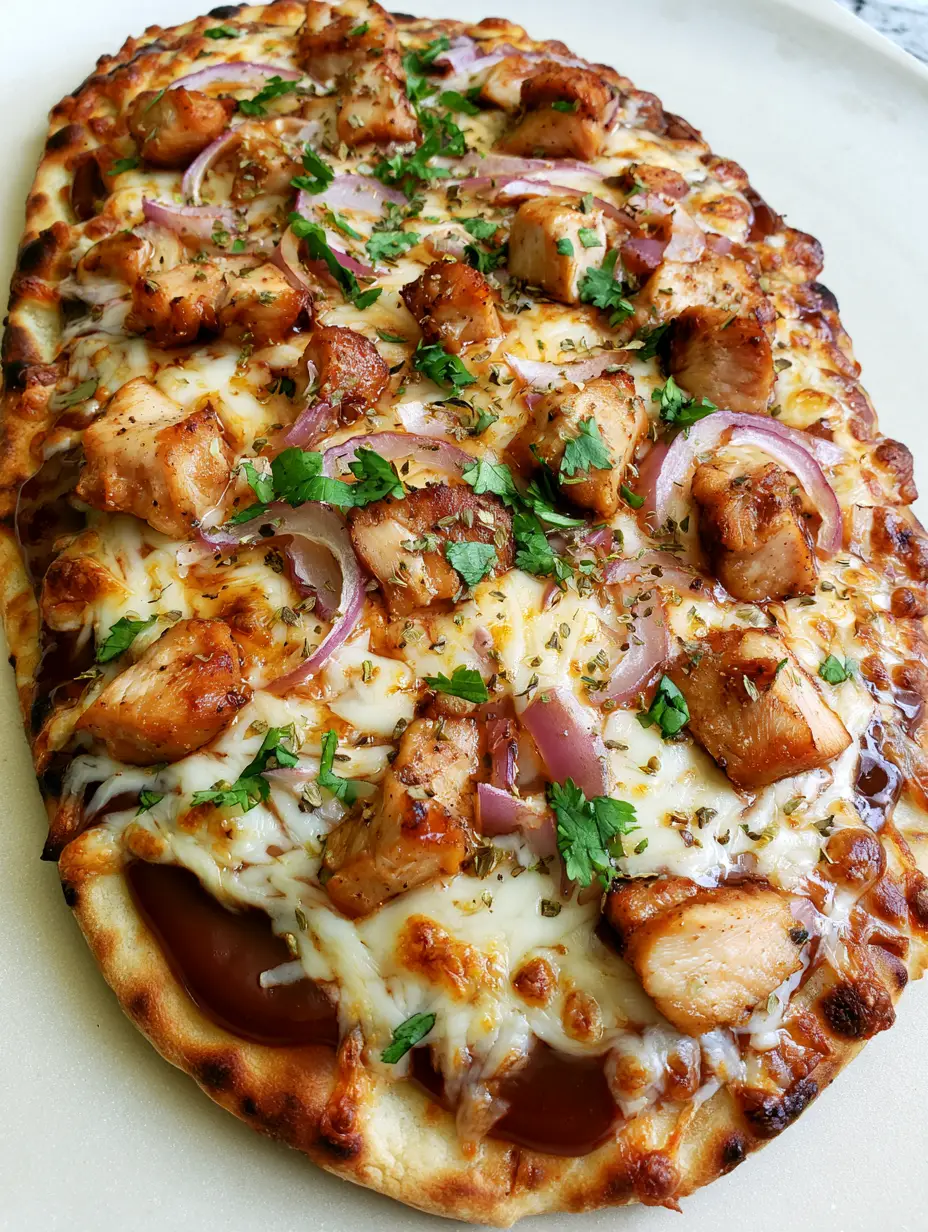 BBQ Chicken Flatbread with Smoky Sauce and Bubbly Mozzarella 5 Overhead view of a single oval BBQ Chicken Flatbread with blistered edges, dark brown sauce, and melted cheese spots.