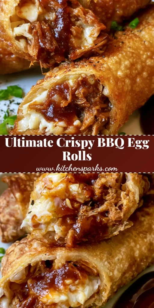 A stack of crispy, bubbly BBQ Egg Rolls sliced diagonally on a white plate with a side of BBQ sauce. (BBQ Egg Rolls)