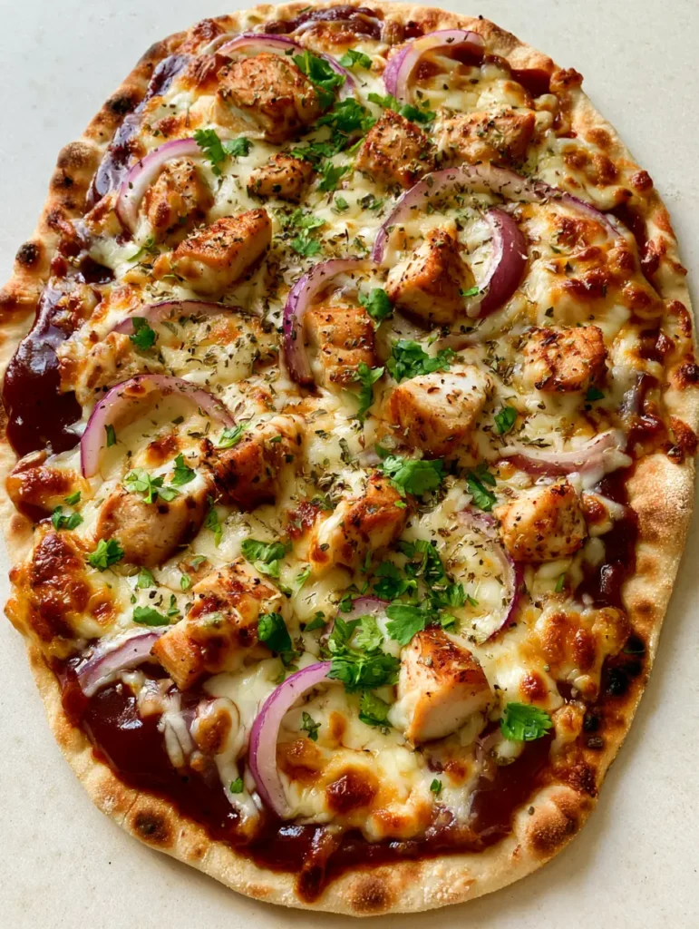 BBQ Chicken Flatbread with Smoky Sauce and Bubbly Mozzarella 1 Close-up of stringy mozzarella cheese and juicy grilled chicken chunks on a BBQ Chicken Flatbread.