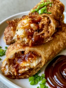 Close-up of golden-brown BBQ Egg Rolls revealing smoky pork and creamy slaw filling. (BBQ Egg Rolls)