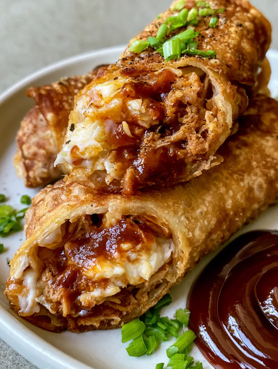 Close-up of golden-brown BBQ Egg Rolls revealing smoky pork and creamy slaw filling. (BBQ Egg Rolls)