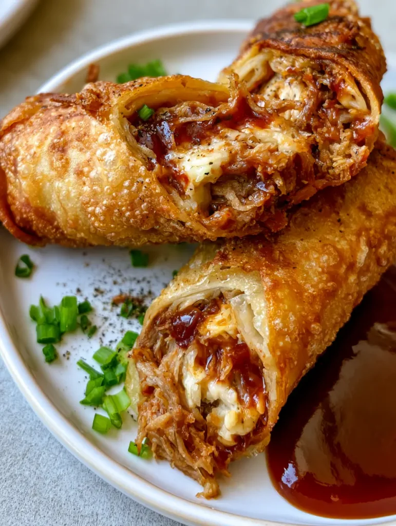 Handheld shot of deep-fried BBQ Egg Rolls with visible oil glisten and scallion garnish.