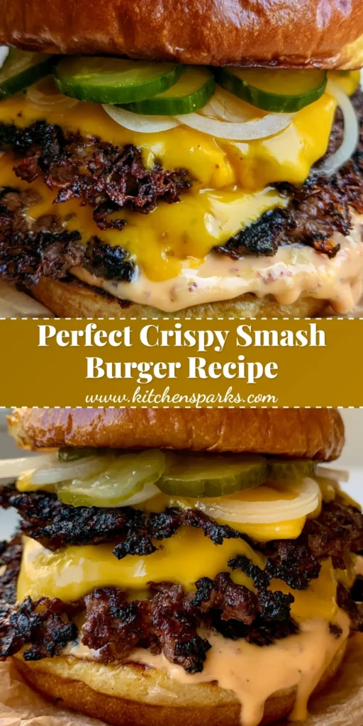 A handheld smartphone photo of a double smash burger with jagged crispy edges, melted American cheese, and orange sauce on a white plate. (Smash Burger Recipe)