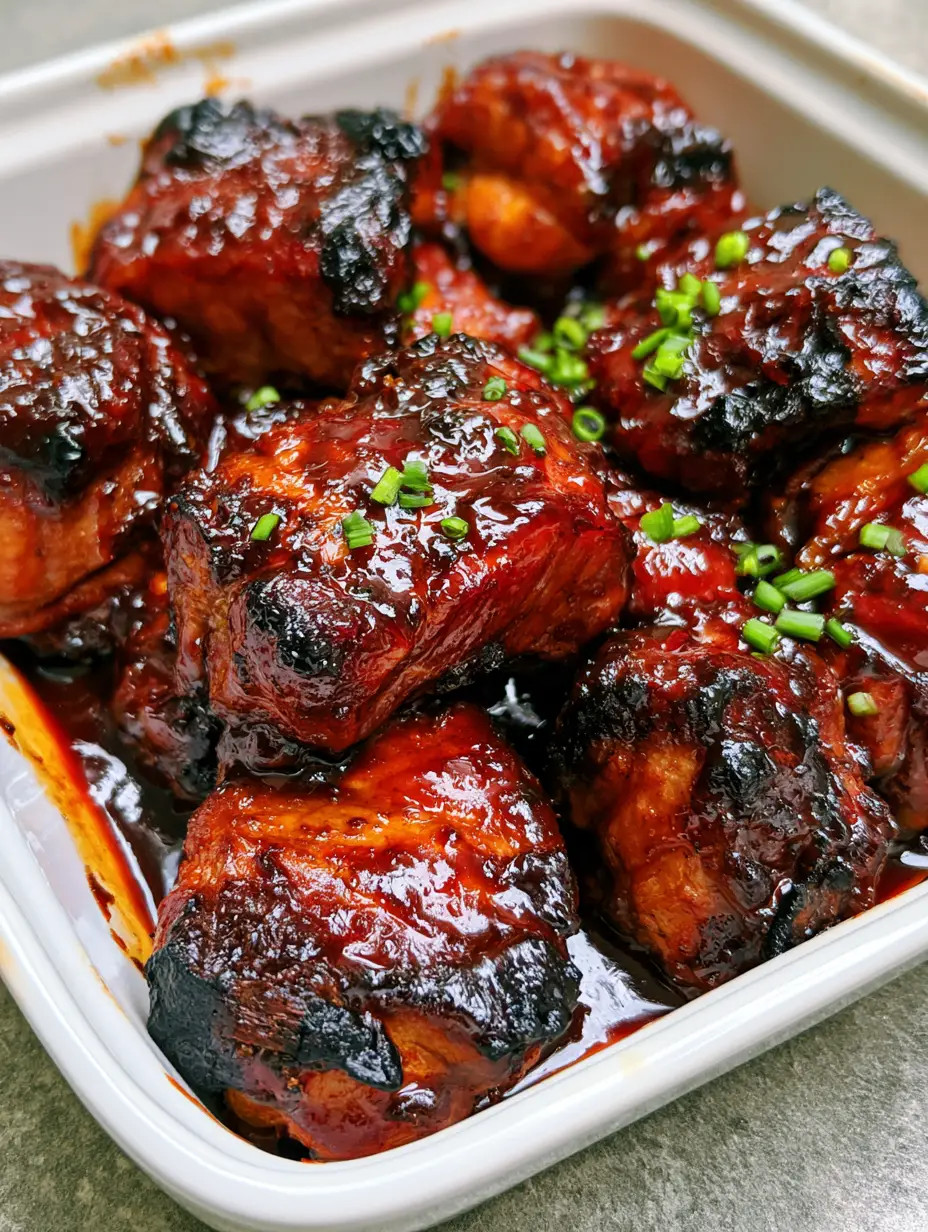 Oven-Baked Country Style Ribs with a Sticky Mahogany Glaze 3 A handheld smartphone photo showing thick, meaty Oven-Baked Country Style Ribs with caramelized charred edges and a dark red sauce.