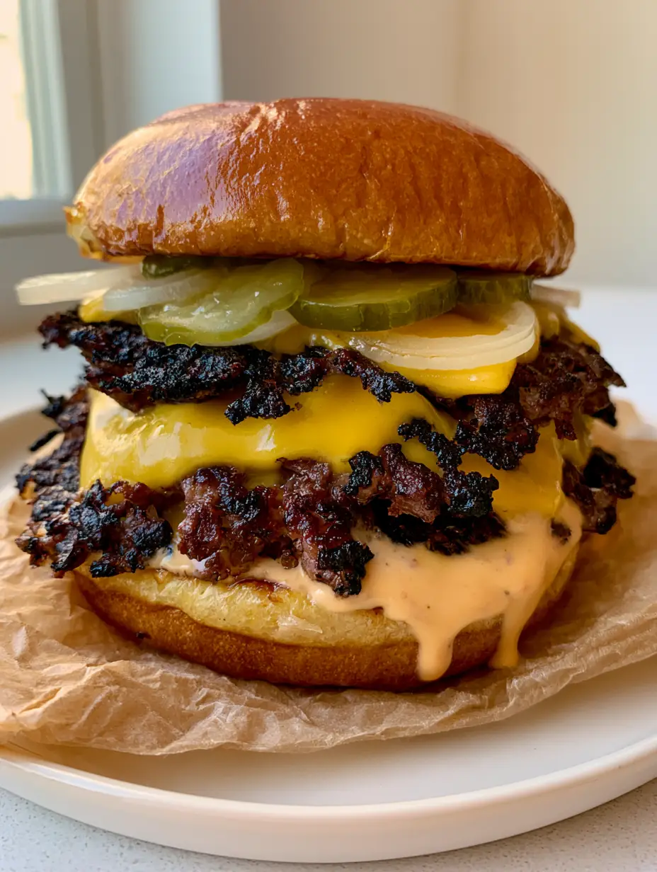 Close up of a double smash burger on brown parchment paper showing crispy beef edges and melted cheese. (Smash Burger Recipe)