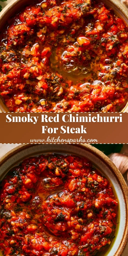 Smoky Red Chimichurri Sauce: The Bold, Chunky Grilling Essential 3 A rustic ceramic bowl of chunky Smoky Red Chimichurri Sauce with visible minced roasted peppers and glistening olive oil. (Smoky Red Chimichurri Sauce)