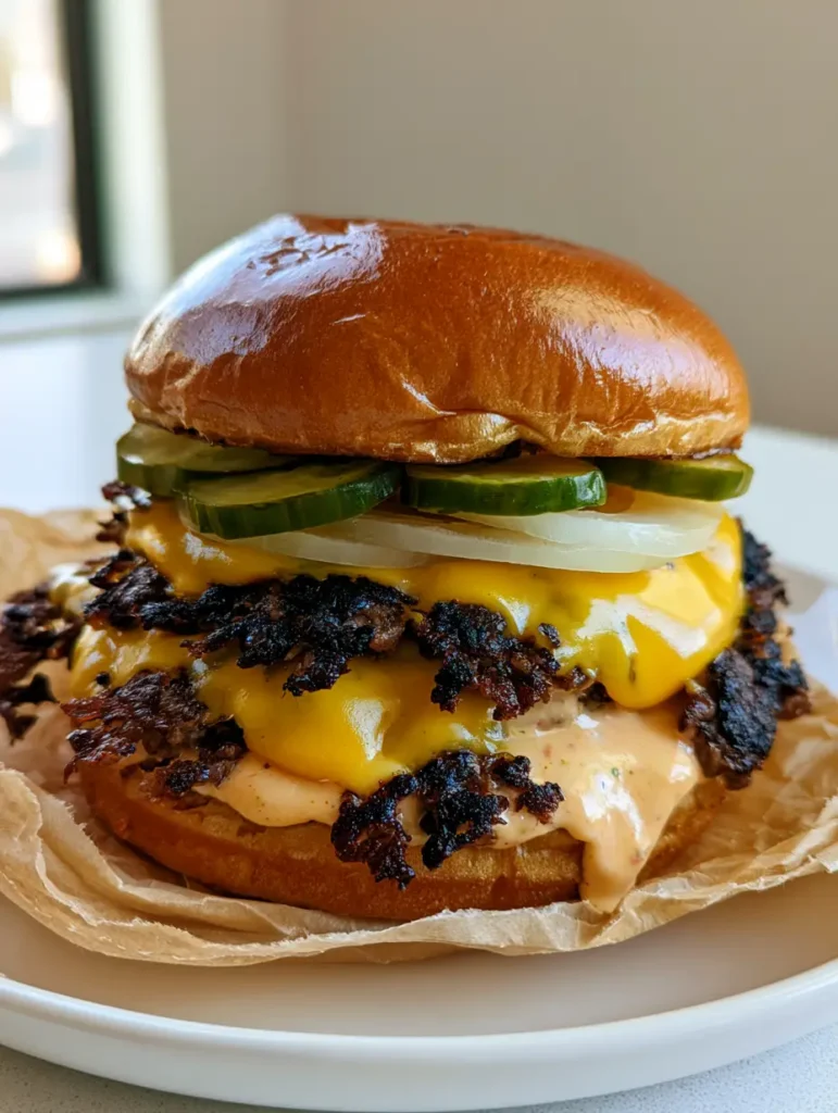 A handheld double smash burger with translucent onions, green pickles, and orange sauce dripping from a brioche bun.