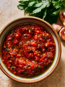 Top-down view of Smoky Red Chimichurri Sauce in a small ceramic bowl showing thick texture and oil bubbles. (Smoky Red Chimichurri Sauce)