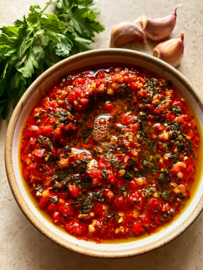 Smoky Red Chimichurri Sauce: The Bold, Chunky Grilling Essential 1 Close up of red chimichurri sauce with fresh parsley and garlic cloves on a stone surface. (Smoky Red Chimichurri Sauce)