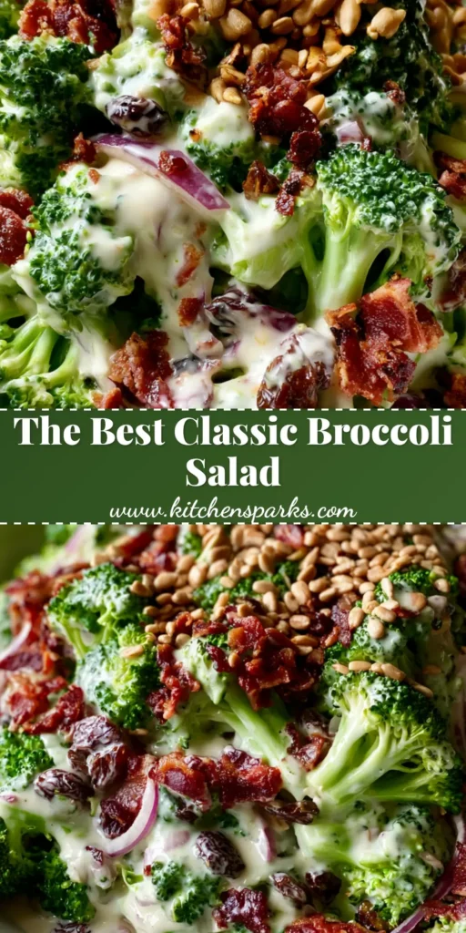Classic Broccoli Salad Recipe with Crispy Bacon and Creamy Dressing 4 A close-up vertical shot of the Classic Broccoli Salad Recipe in a white bowl showing crispy bacon, tan sunflower seeds, and glossy dressing.