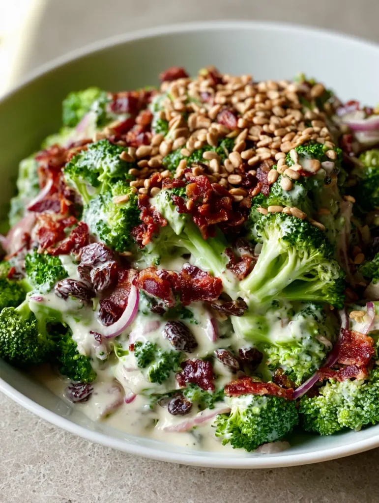 Classic Broccoli Salad Recipe with Crispy Bacon and Creamy Dressing 2 High-angle close-up of vibrant green broccoli florets coated in glossy white dressing with deep-browned bacon crumbles. (Classic Broccoli Salad Recipe)