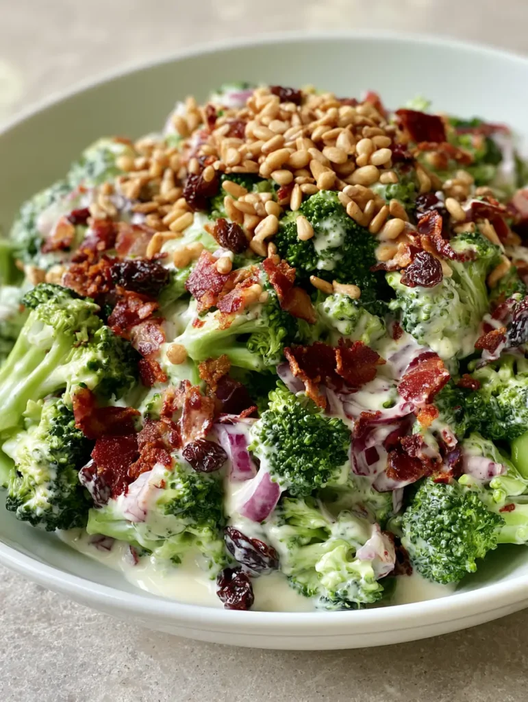 Classic Broccoli Salad Recipe with Crispy Bacon and Creamy Dressing 1 Detailed view of dark raisins and tan toasted sunflower seeds garnished over a creamy broccoli salad base.