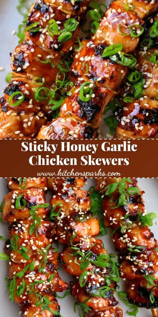 Honey Garlic Chicken Skewers: The Ultimate Sticky and Charred Grilling Recipe 4 A Pinterest-style shot of three Honey Garlic Chicken Skewers on a light grey plate, featuring charred edges and a glossy amber glaze.