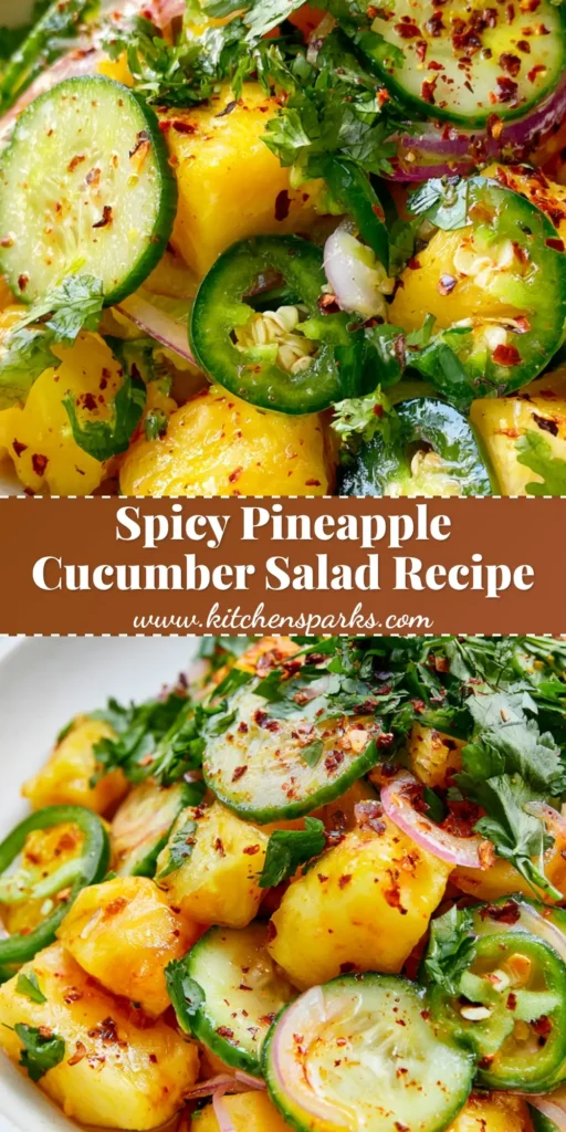 Spicy Pineapple Cucumber Salad: The Ultimate Refreshing Summer Side Dish 4 A close-up of Spicy Pineapple Cucumber Salad in a white bowl showing golden pineapple, green cucumber slices, and red chili flakes.