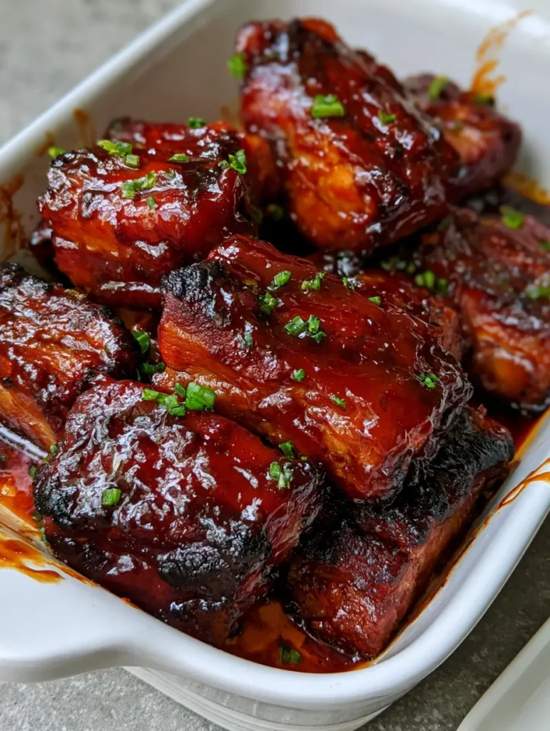 Oven-Baked Country Style Ribs with a Sticky Mahogany Glaze 1 Detailed shot of sticky mahogany BBQ sauce pooling in the corner of a white ceramic dish holding country style pork ribs.