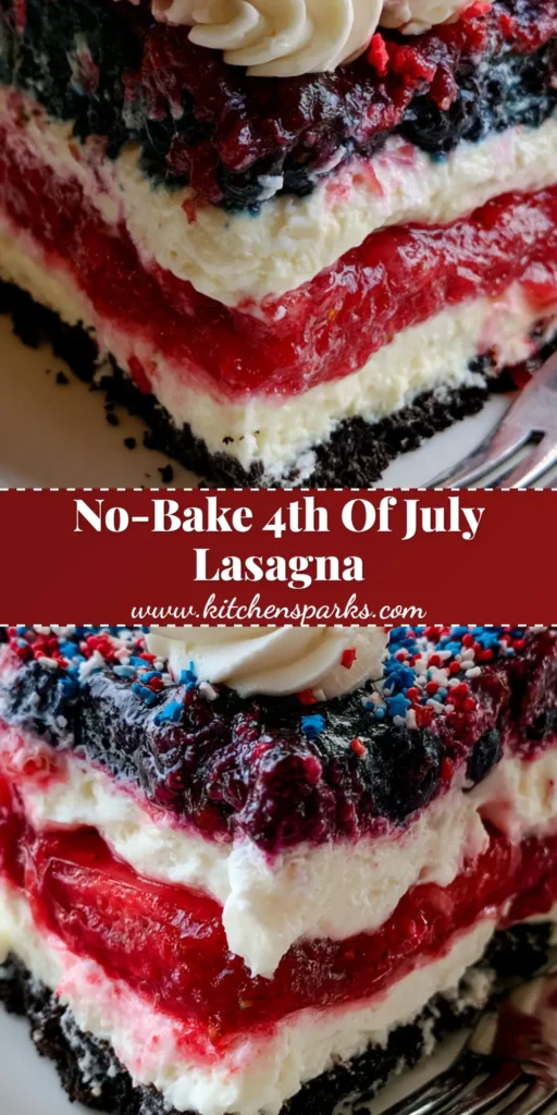 4th of July Dessert Lasagna: The Ultimate Patriotic No-Bake Treat 4 A rectangular slice of 4th of July dessert lasagna on a white plate showing distinct layers of chocolate cookies, cream cheese, strawberry, and blueberry.
