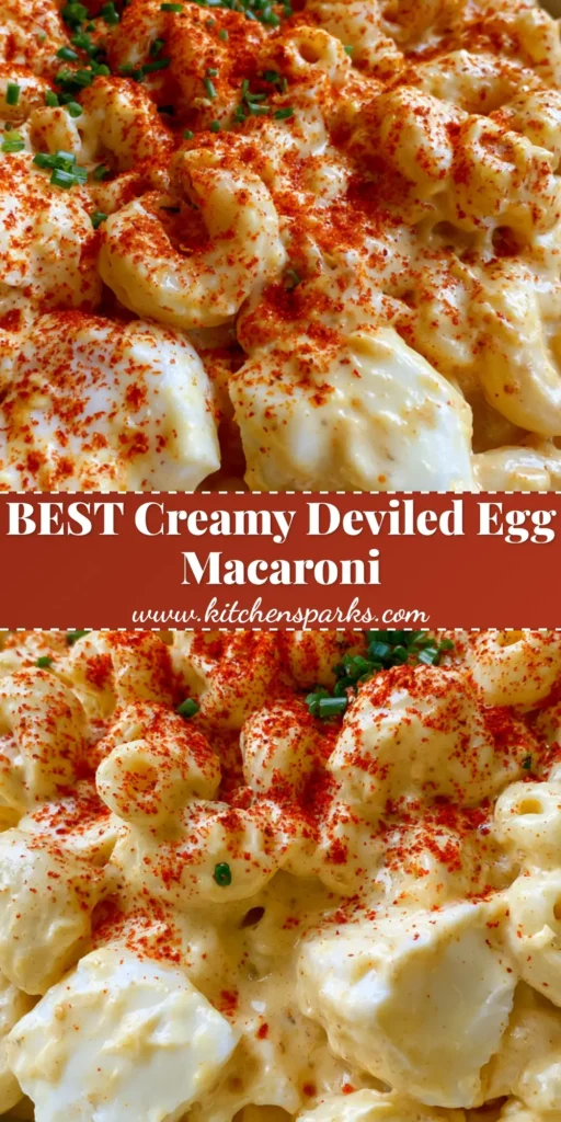 Deviled Egg Macaroni Salad: The Ultimate Creamy Potluck Classic 4 A top-down view of a creamy deviled egg macaroni salad in a white bowl, garnished with red paprika and sliced hard-boiled eggs with bright yellow yolks. (Deviled Egg Macaroni Salad)