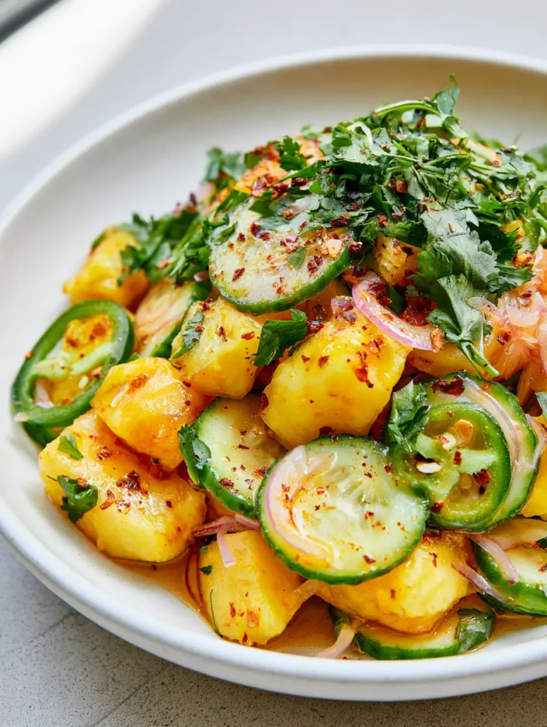 Spicy Pineapple Cucumber Salad: The Ultimate Refreshing Summer Side Dish 2 Overhead view of Spicy Pineapple Cucumber Salad in a white ceramic bowl with natural light.