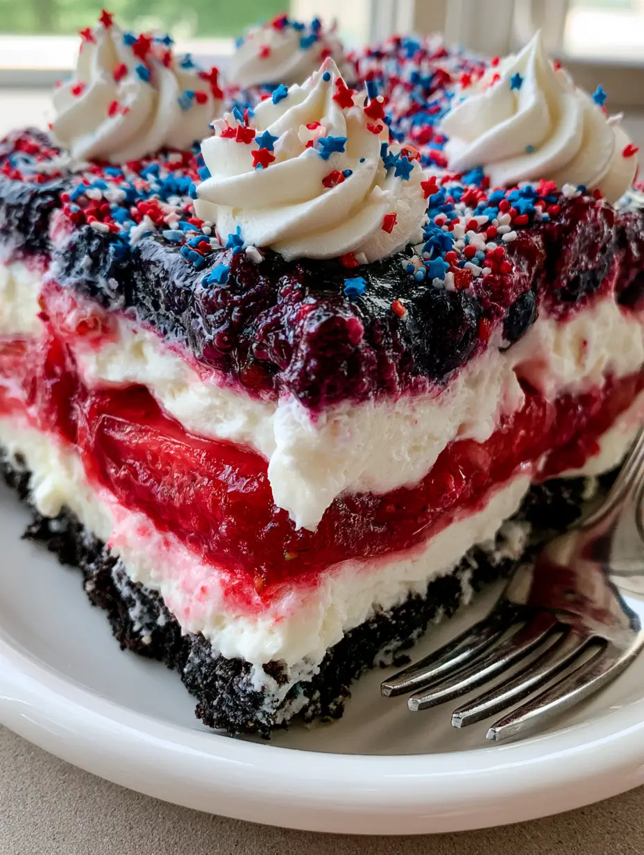 4th of July Dessert Lasagna: The Ultimate Patriotic No-Bake Treat 3 Smartphone photo of a 4th of July dessert lasagna slice with clear red, white, and blue layers and star sprinkles.