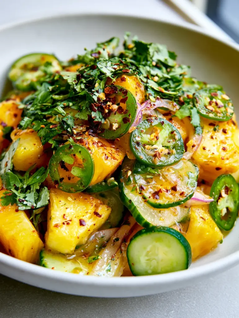 Spicy Pineapple Cucumber Salad: The Ultimate Refreshing Summer Side Dish 1 Macro shot of Spicy Pineapple Cucumber Salad showing the juicy golden texture of the pineapple and thin jalapeno rounds.