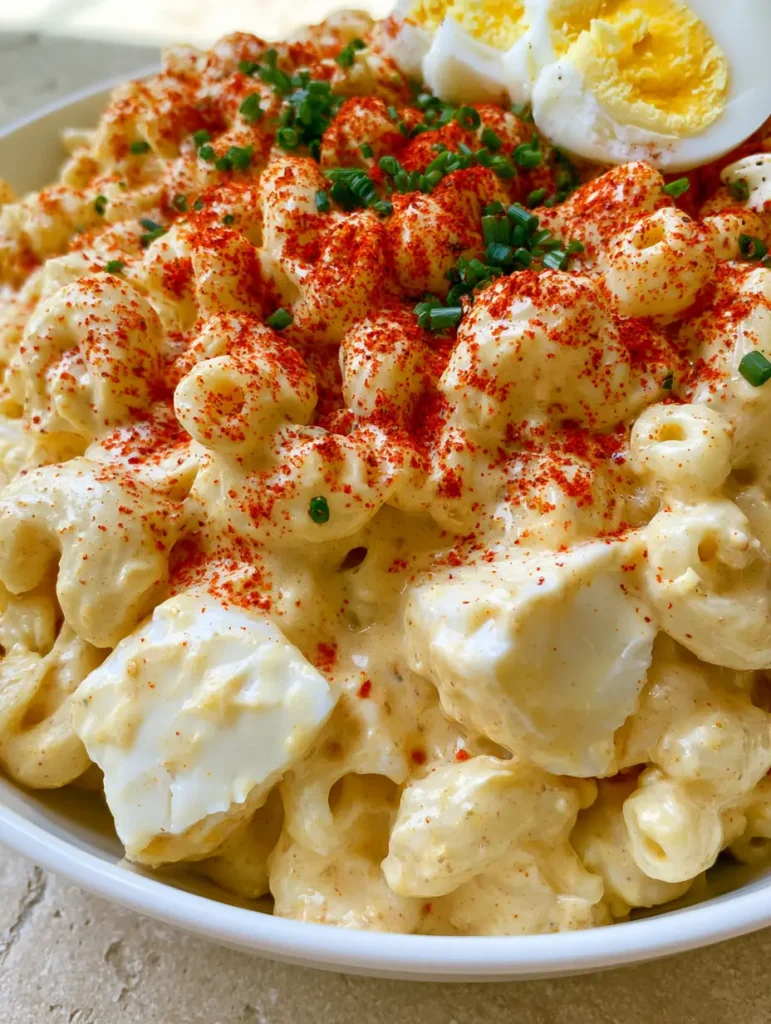 Deviled Egg Macaroni Salad: The Ultimate Creamy Potluck Classic 2 Close-up of a white bowl filled with creamy macaroni salad, featuring irregular chunks of egg whites and a dusting of red paprika. (Deviled Egg Macaroni Salad)