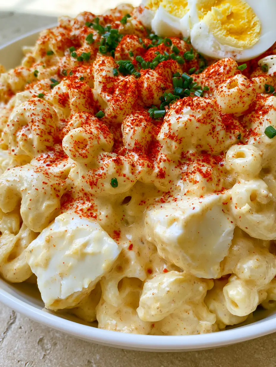 Deviled Egg Macaroni Salad: The Ultimate Creamy Potluck Classic 3 Close-up of a white bowl filled with creamy macaroni salad, featuring irregular chunks of egg whites and a dusting of red paprika. (Deviled Egg Macaroni Salad)