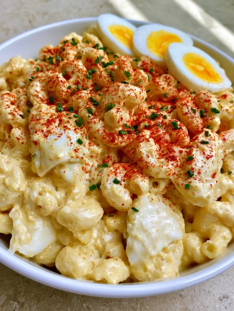 Deviled Egg Macaroni Salad: The Ultimate Creamy Potluck Classic 1 Handheld smartphone photo of a Deviled Egg Macaroni Salad on a light stone countertop in natural light.